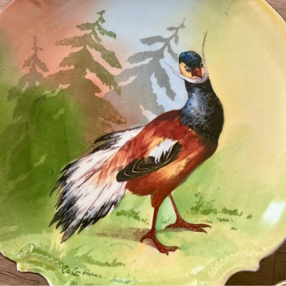 3 PCs Antique Coronet Limoges Porcelain Pheasants 10” Plates - Signed L Coudent‎